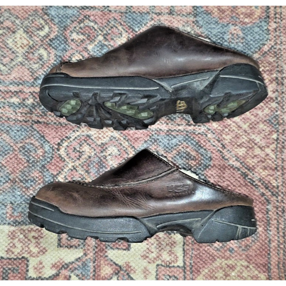 UGG Australia Brown Leather Clogs Women’s Size 7 Sheepskin Lined Slip-On Mules - Picture 3 of 6